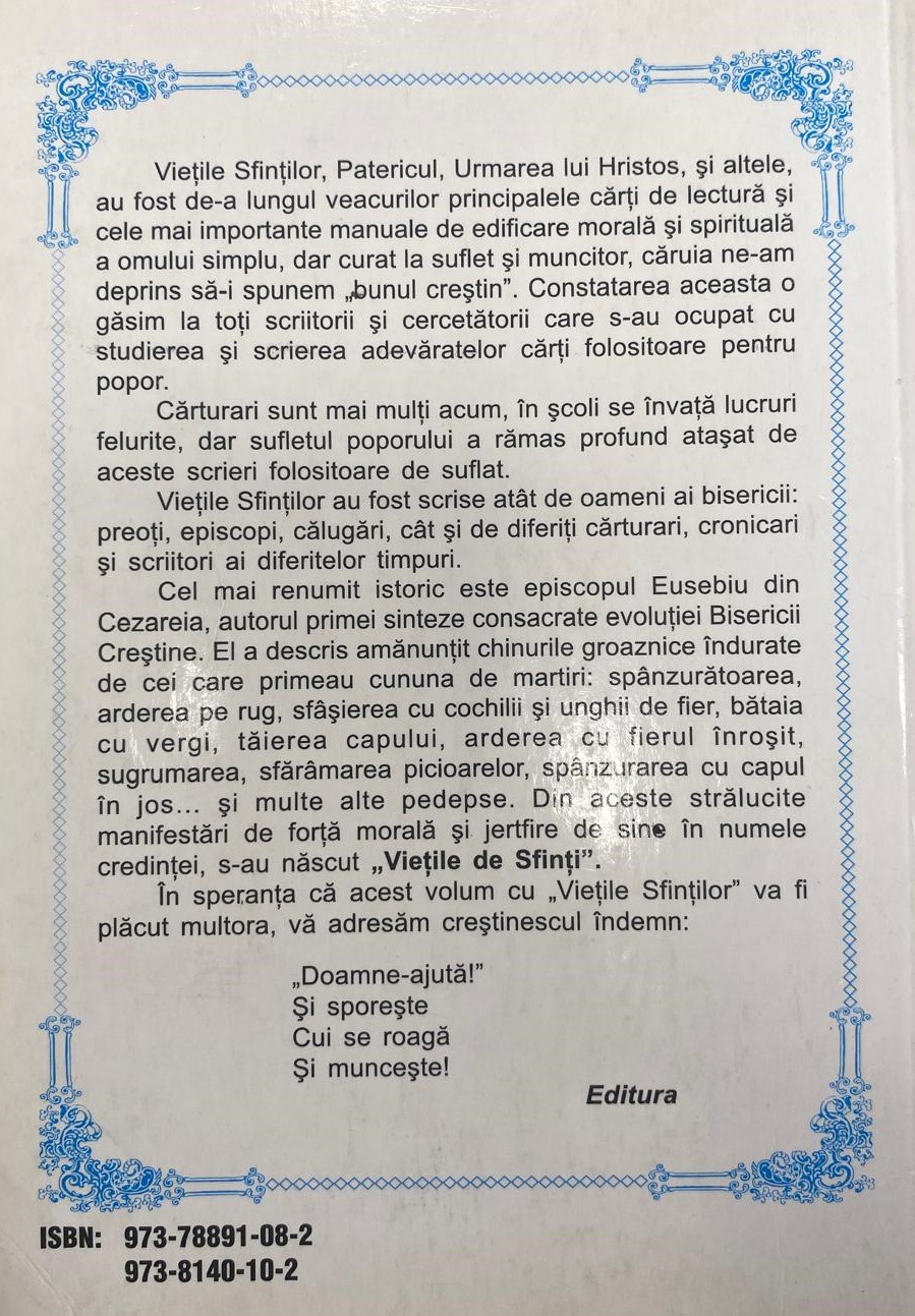 Viețile sfinților - bucăți alese de peste tot anul — verso
